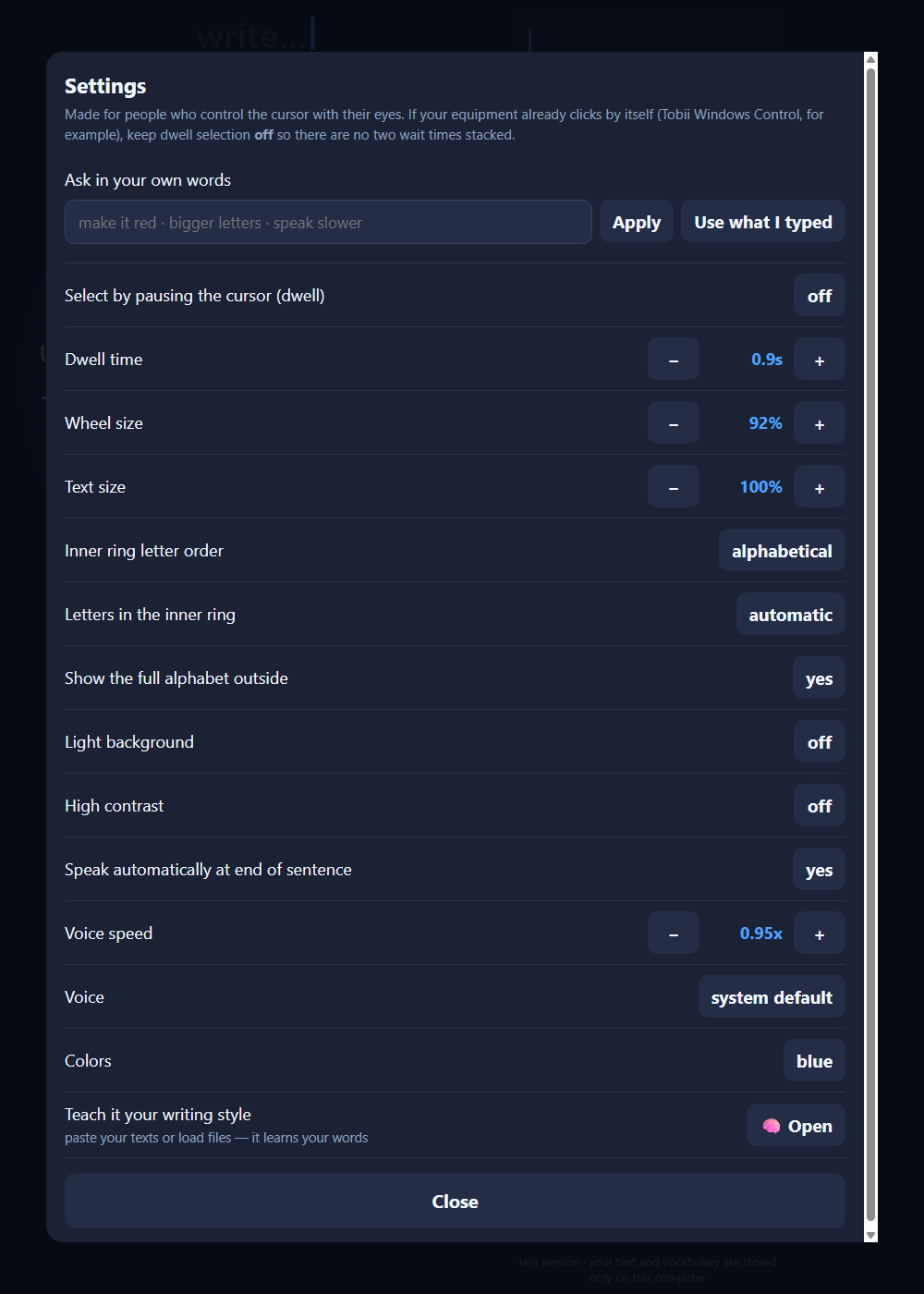 GazeWheel settings screen: dwell selection, dwell time, wheel size, text size, letter order, contrast, auto-speak, voice and speed